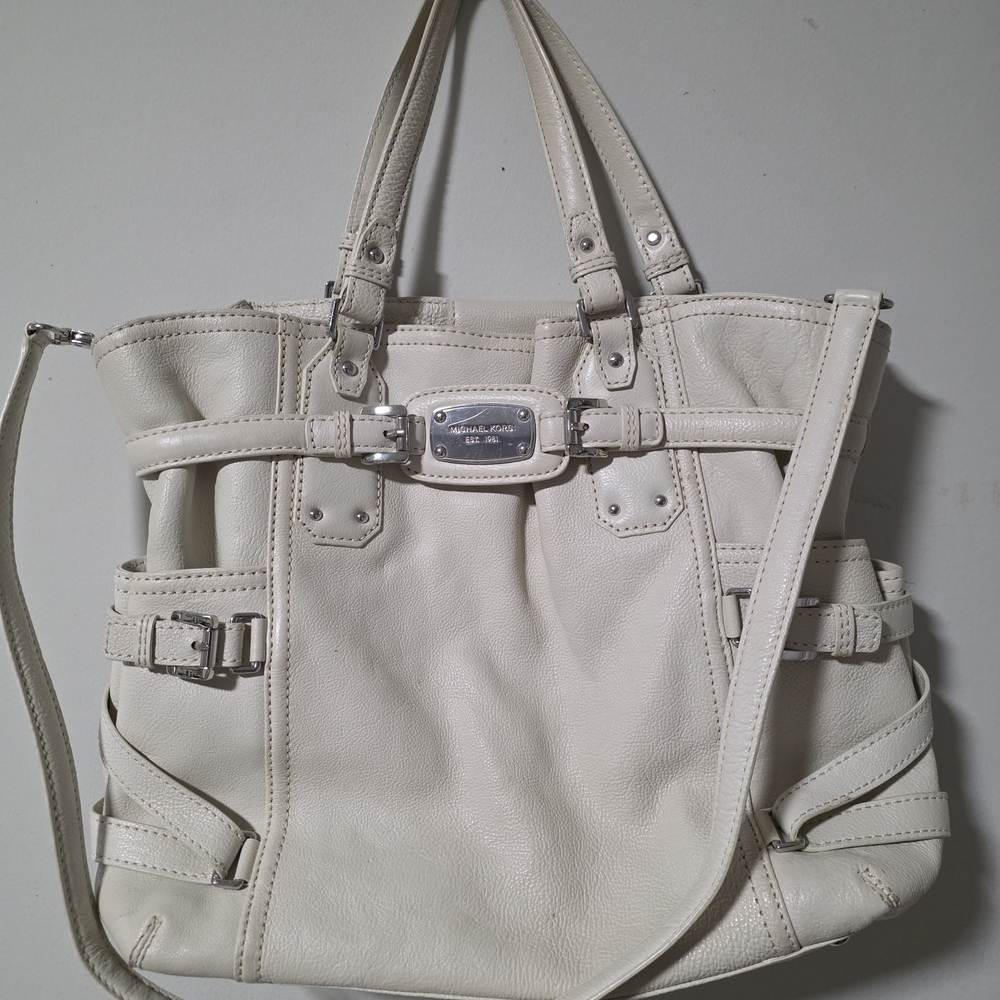 Michael Kors Cream Leather Shoulder Tote with Silver Hardware